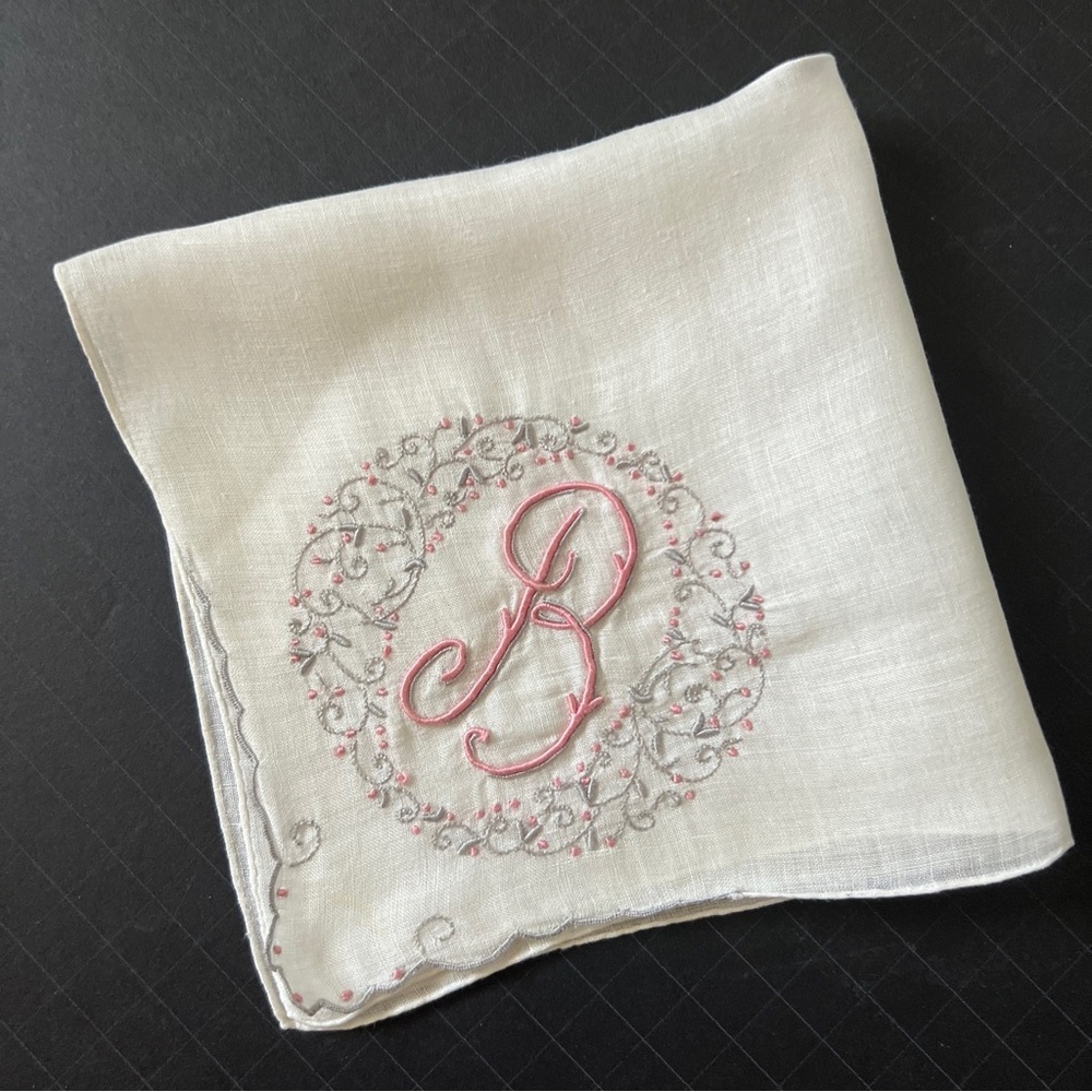VTG Handkerchief Hand Rolled White Monogram Pink “B” Embroidery Hanky Cotton
